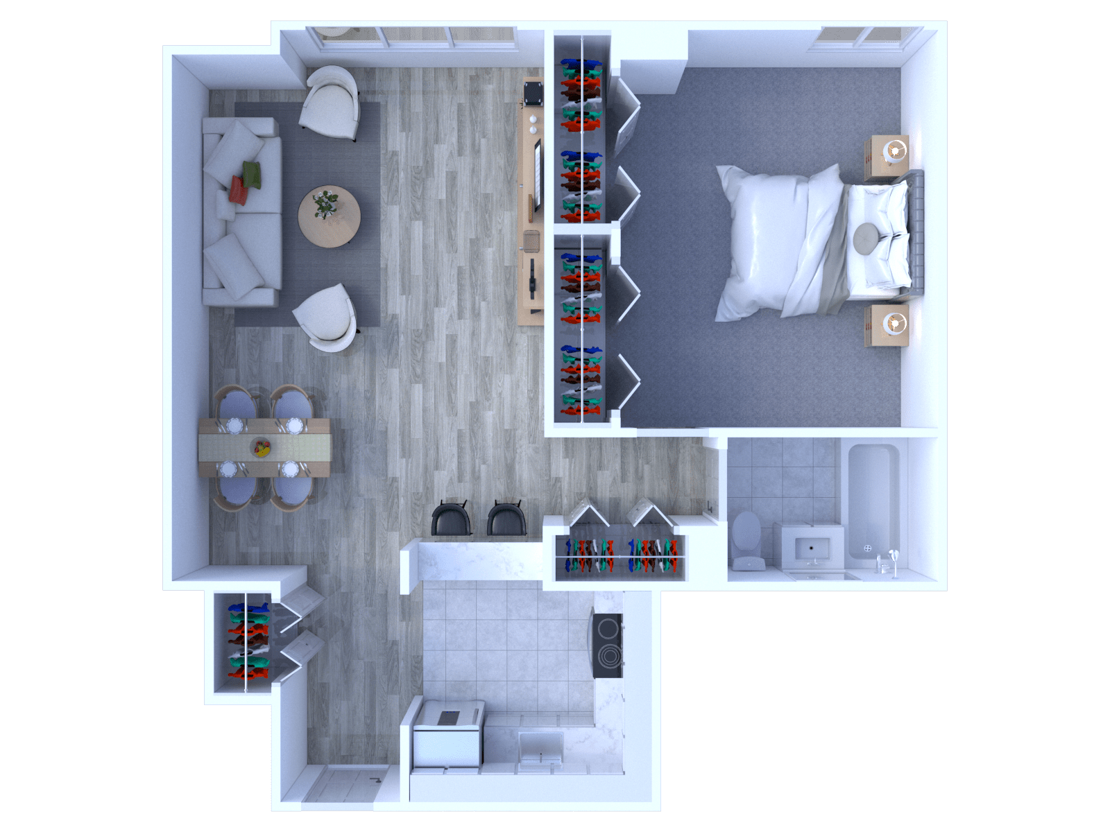 Floor plan for 1 bed, 1 bath, 675 sqft